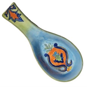 Vtg Maxcera Orange Talavera Pottery Ceramic Large Spoon Rest Floral Sauce Dip